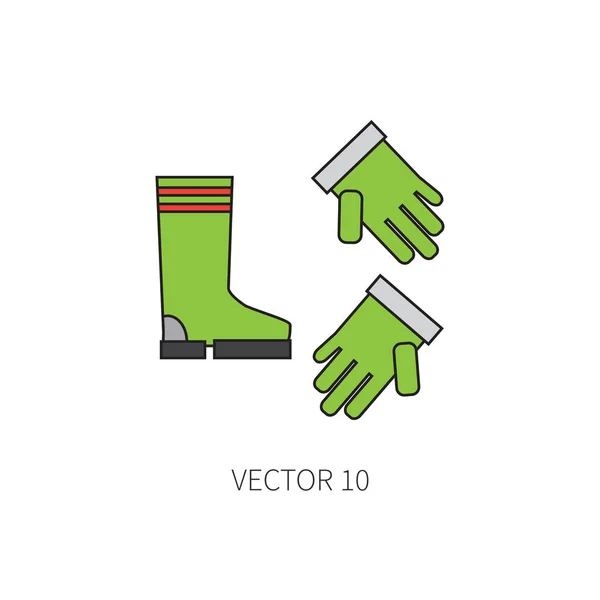 Línea plana vector de color icono herramienta de jardín - guantes y botas de jardinería. Estilo de dibujos animados. Ilustración vectorial y elemento para su diseño y fondo de pantalla . — Vector de stock