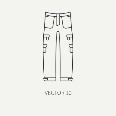 Çizgi düz vektör av ve kamp simgesi haki pantolon. Avcı donanımları, donatma. Retro karikatür tarzı. Yaban hayatı seyahat. Kamuflaj. Orman. Doğa. Çizim ve tasarım, duvar kağıdı için öğe.