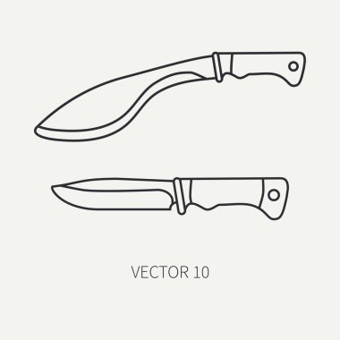 Düz vektör AVI line ve simge pala kamp, bıçak seti. Avcı donanımları, donatma. Retro karikatür tarzı. Yaban hayatı seyahat. Orman. Doğa. Çizim ve tasarım ve duvar kağıdı eleman.