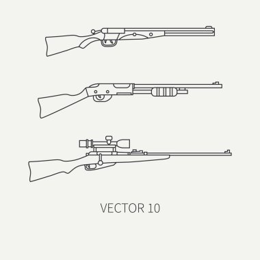 Düz vektör AVI line ve kamp simgesi av tüfeği, tüfek küme. Avcı donanımları, donatma. Retro karikatür tarzı. Yaban hayatı seyahat. Kamuflaj. Orman. Doğa. Çizim ve tasarım, duvar kağıdı için öğe.