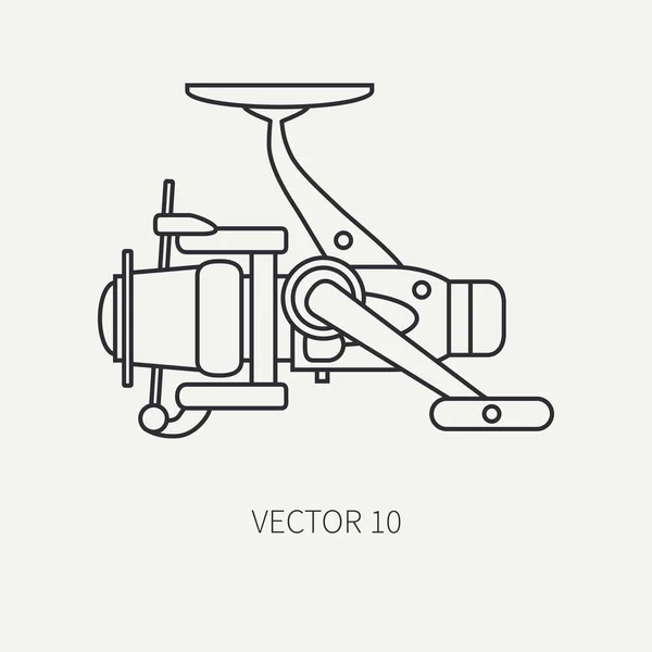 Linha plana vetor fisher e camping ícone carretel de pesca. Equipamento de pescador. Estilo de desenho animado retrô. Viagem de férias. A girar. Lago. Barco. Natureza. Ilustração e elemento para o seu design e papel de parede . — Vetor de Stock