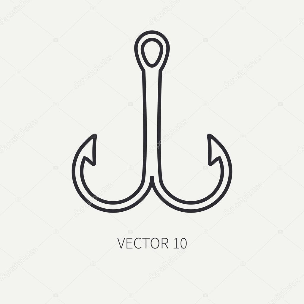 Line flat vector fisher and camping icon fishing hook. Fisherman equipment. Retro cartoon style. Holiday travel. Spinning. Lake. Boat. Nature. Illustration and element for your design and wallpaper.