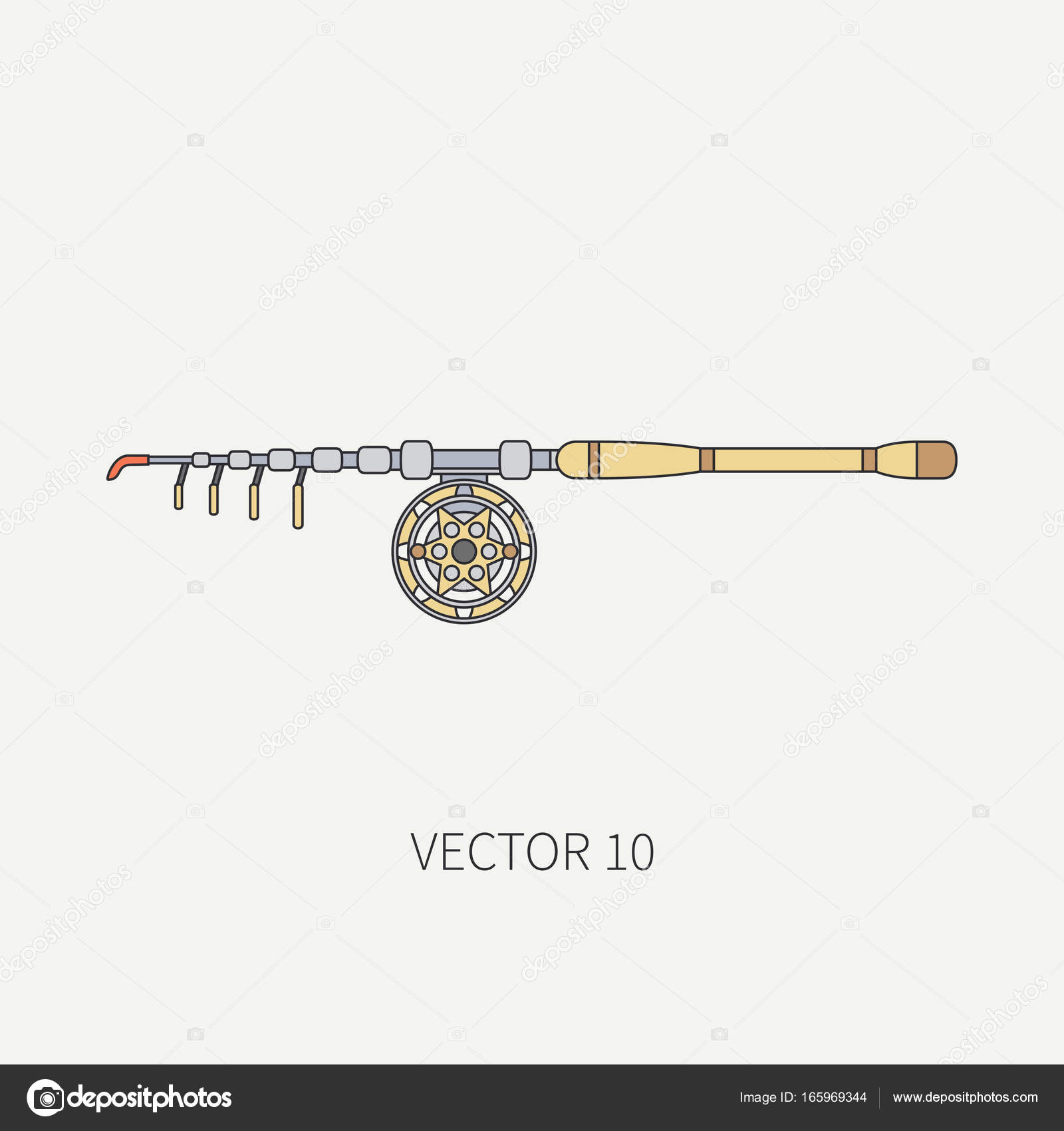 Linea colore piatto vettoriale fisher e campeggio icona canna da pesca con mulinello Attrezzatura del pescatore Stile retr² dei cartoni animati