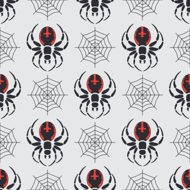 Kara dul örümceği ile düz renk vektör sorunsuz yaban hayatı fauna kalıbı. Basitleştirilmiş. Karikatür tarzı. Böcek. Web. Entomoloji. Sanat. Doğa. Yırtıcı hayvan. İllüstrasyon, öğe tasarım duvar kağıdı için.