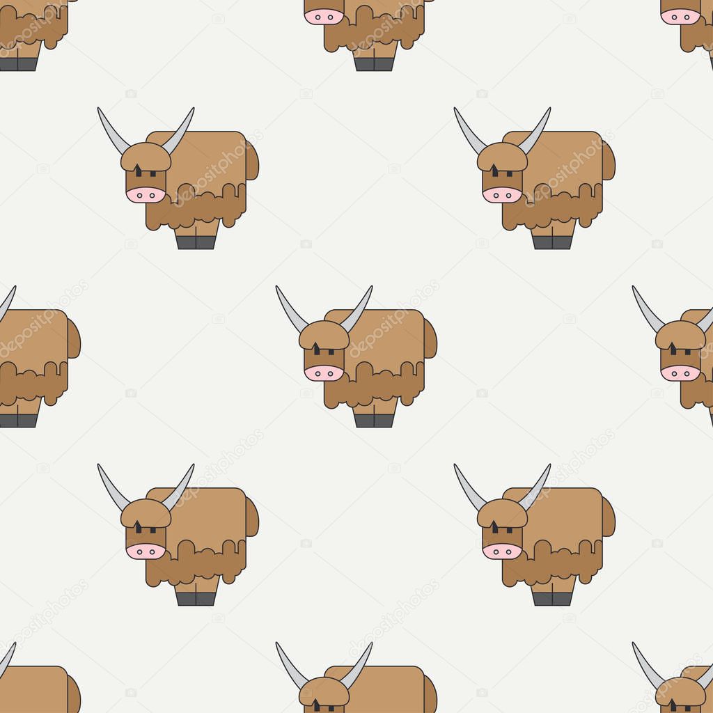 Flat line color vector seamless pattern cute animal for baby products - yak. Cartoon style. Children doodle. Babyhood. Newborn. Vector illustration, element for design, wallpaper. Zoo. Kids toy. Farm