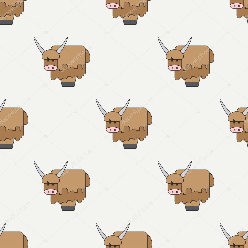 Flat line color vector seamless pattern cute animal for baby products - yak. Cartoon style. Children doodle. Babyhood. Newborn. Vector illustration, element for your design, wallpaper. Zoo. Kids. Farm