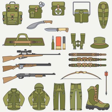 Çizgi düz renk vektör av ve kamp ekipmanları Icon set. Avcı donanımları, donatma. Retro karikatür tarzı. Yaban hayatı seyahat. Kamuflaj. Orman. Doğa. Çizim ve tasarım, duvar kağıdı için öğe