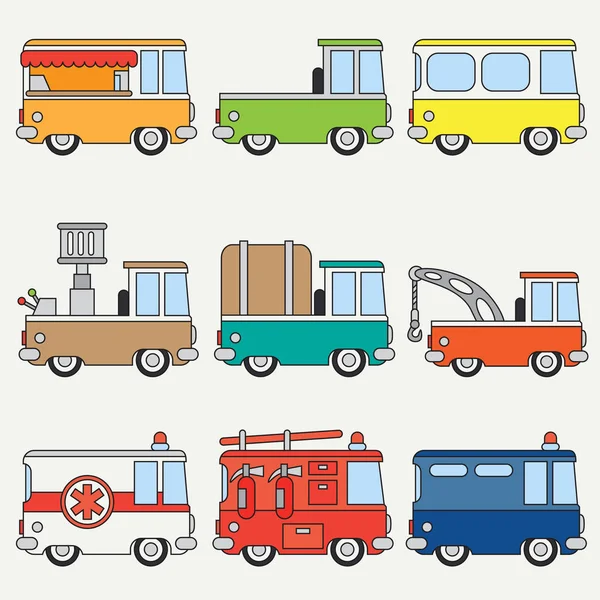 Çizgi düz renk vektör simgesi şirin retro şehir otomatik ayarla. Acil Yardım araç. Karikatür tarzı. Kentsel kamyon. Polis van. İtfaiyeci. Vektör çizim ve tasarım ve duvar kağıdı eleman.