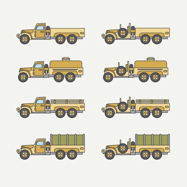 Línea plana icono de vector de color conjunto personal de servicio cuerpo abierto camión del ejército diesel. Vehículo militar. Estilo vintage de dibujos animados. Transporte de carga. Remolque automático. Sencillo. Ilustración y elemento para el diseño . — Vector de stock