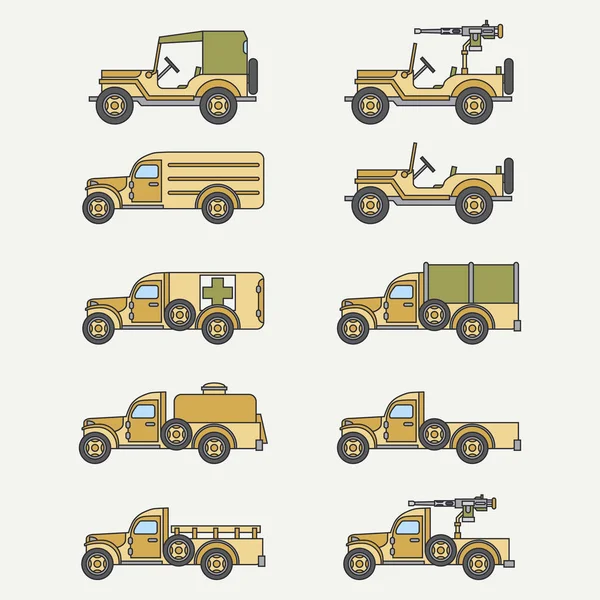 Linha plana cor vetor ícone conjunto serviço pessoal corpo aberto caminhão do exército diesel. Veículo militar. Estilo vintage dos desenhos animados. Transporte de carga. Reboque automático. Simples. Ilustração e elemento para design . — Vetor de Stock