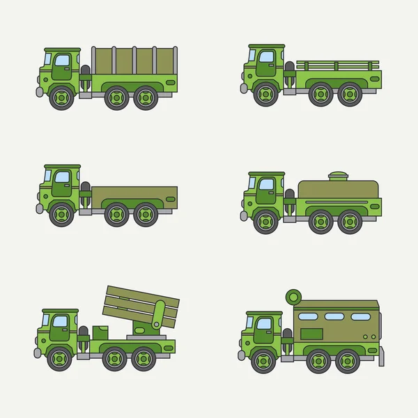 Línea plana icono de vector de color conjunto personal de servicio cuerpo abierto camión del ejército diesel. Vehículo militar. Estilo vintage de dibujos animados. Transporte de carga. Remolque automático. Sencillo. Ilustración y elemento para el diseño . — Archivo Imágenes Vectoriales