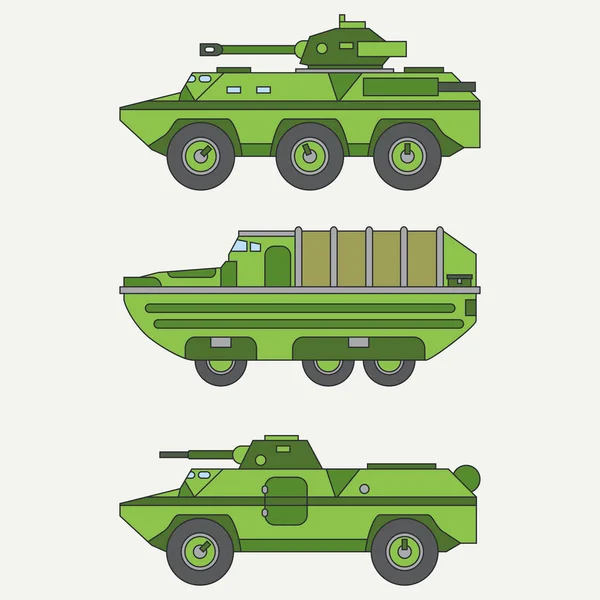 Línea plana icono de vector de color conjunto personal de servicio cuerpo abierto camión del ejército diesel. Vehículo militar. Estilo vintage de dibujos animados. Transporte de carga. Remolque automático. Sencillo. Ilustración y elemento para el diseño . — Archivo Imágenes Vectoriales