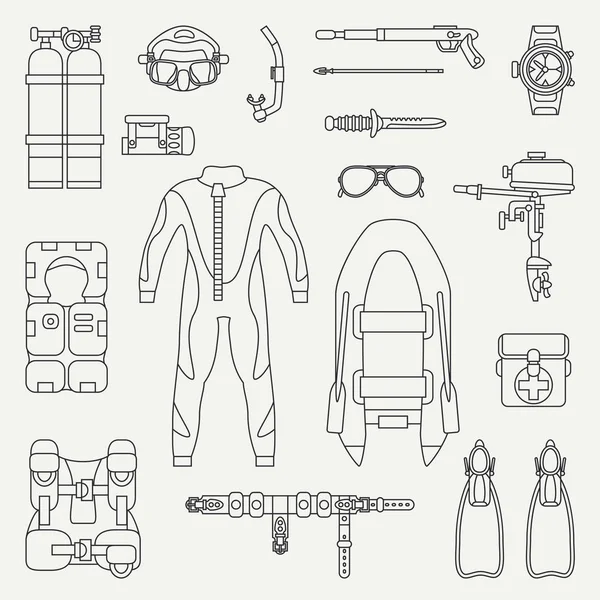 Düz düz vektör dalgıç sualtı ekipman Icon set satır. Retro. Karikatür tarzı. Okyanus, deniz plaj. Snorkeling. Yaz macera tatili. Scuba. Çizim ve tasarım ve duvar kağıdı eleman