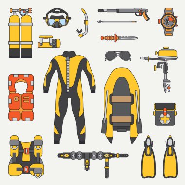 Çizgi düz renk vektör dalgıç sualtı ekipman Icon set. Retro. Karikatür tarzı. Okyanus, deniz plaj. Snorkeling. Yaz macera tatili. Scuba. Çizim ve tasarım ve duvar kağıdı eleman