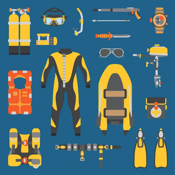 Juego de iconos de equipo submarino de buzo vectorial de color plano. Retro. Estilo de dibujos animados. Océano, playa de mar. Snorkeling. Vacaciones de aventura de verano. Scuba. Ilustración y elemento para su diseño, papel pintado . — Archivo Imágenes Vectoriales