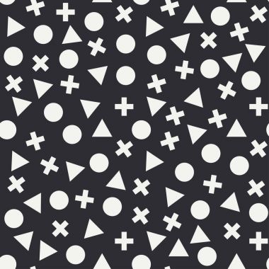 Geometrik soyut moda düz sorunsuz vektör desen üçgen, daire, Küre, cross rakamlar. Kaydırma. Çizgi film retro tarzı arka plan. Çizim ve tasarım ve duvar kağıdı eleman.