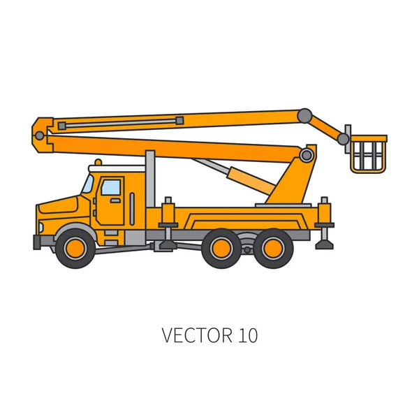 Color flat vector icon construction machinery truck auto crane. Industrial style. Corporate cargo delivery. Lift. Commercial transportation. Building business. Engineering. Diesel. Illustration design — Stock Vector