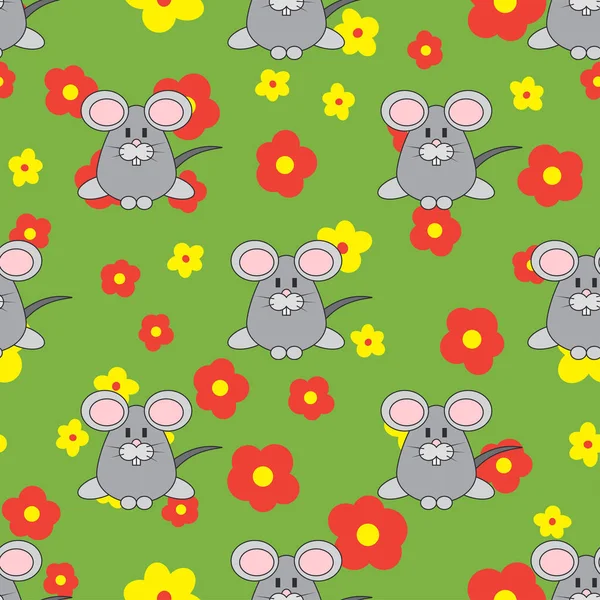 Platte lijn kleur vector naadloze patroon schattige dier voor babyproducten - muis. Cartoon stijl. Childrens doodle. Bloemen. Pasgeborene. Vectorillustratie, element voor uw ontwerp, behang. Kinderen. Boerderij. — Stockvector