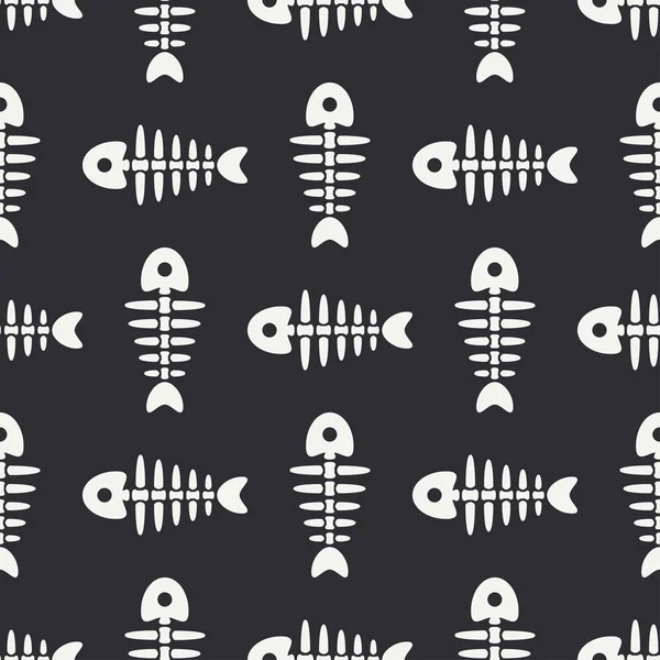 Düz çizgi tek renkli vektör seamless modeli Okyanus balık kemik, iskelet. Basitleştirilmiş retro. Çocukça karikatür tarzı. Kafatası. Deniz doodle sanat. Arka plan. Çizim ve tasarım, duvar kağıdı için öğe
