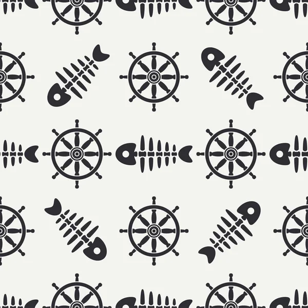 Düz çizgi tek renkli vektör seamless modeli Okyanus balık kemik, direksiyon simidi ile iskelet. Retro karikatür tarzı. Kafatası. Deniz doodle sanat. Arka plan. Çizim ve tasarım, duvar kağıdı için öğe