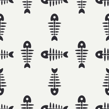 Düz çizgi tek renkli vektör seamless modeli Okyanus balık kemik, iskelet. Basitleştirilmiş retro. Çocukça karikatür tarzı. Kafatası. Deniz doodle sanat. Arka plan. Çizim ve tasarım, duvar kağıdı için öğe