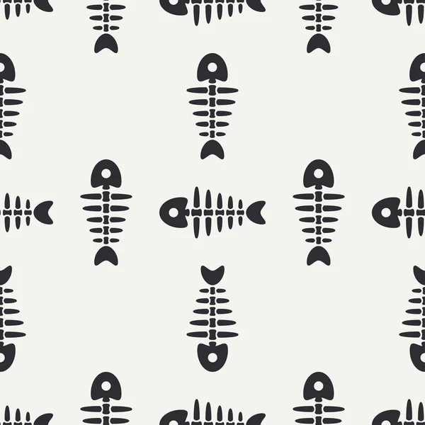 Flat line monochrome vector seamless pattern ocean fish bone, skeleton. Simplified retro. Childish cartoon style. Skull. Sea doodle art. Background. Illustration and element for your design, wallpaper — Stock Vector