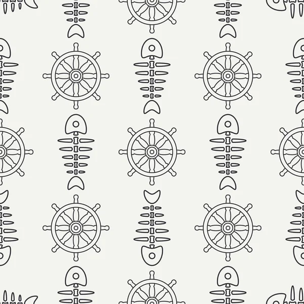 Flat line monochrome vector seamless pattern ocean fish bone, skeleton with steering wheel. Retro cartoon style. Skull. Sea doodle art. Background. Illustration and element for your design, wallpaper — Stock Vector