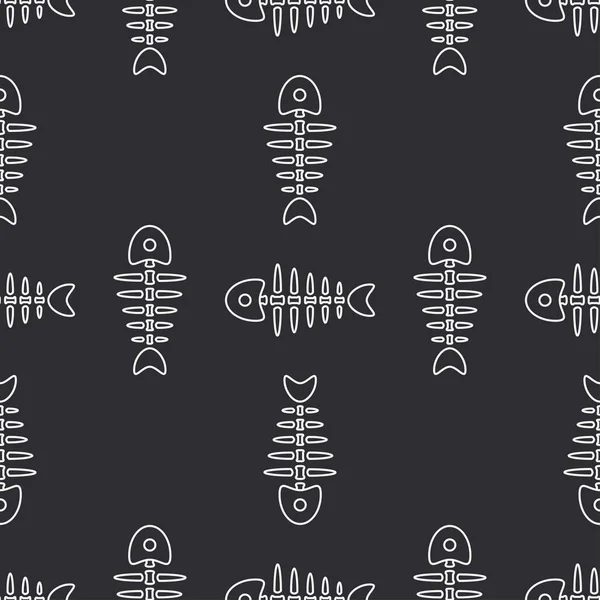 Flat line monochrome vector seamless pattern ocean fish bone, skeleton. Simplified retro. Childish cartoon style. Skull. Sea doodle art. Background. Illustration and element for your design, wallpaper — Stock Vector