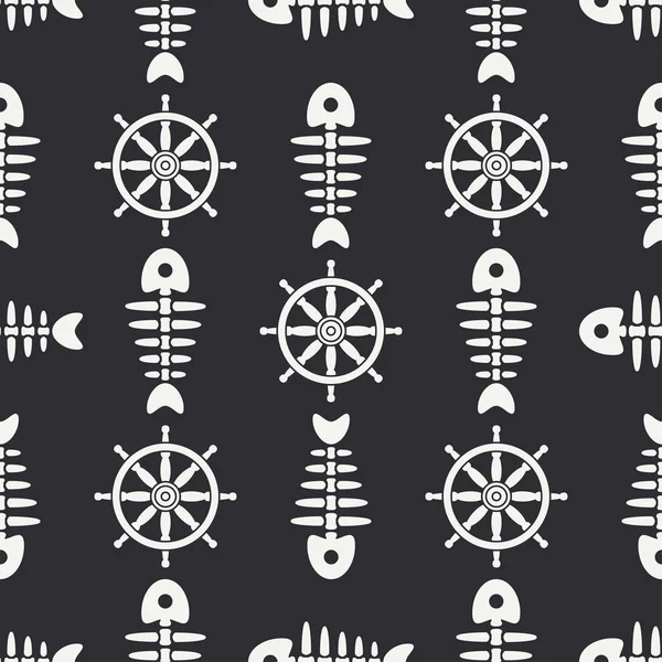 Flat line monochrome vector seamless pattern ocean fish bone, skeleton with steering wheel. Retro cartoon style. Skull. Sea doodle art. Background. Illustration and element for your design, wallpaper — Stock Vector