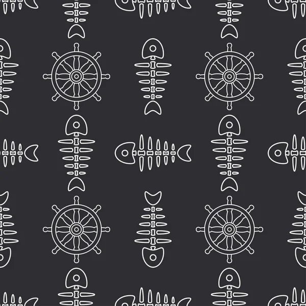 Flat line monochrome vector seamless pattern ocean fish bone, skeleton with steering wheel. Retro cartoon style. Skull. Sea doodle art. Background. Illustration and element for your design, wallpaper — Stock Vector
