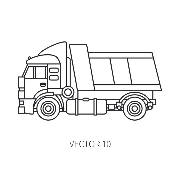 Line vektor ikon datar mesin konstruksi truk pemberi tip. Gaya Industri. Pengiriman kargo perusahaan. Transportasi komersial. Gedung. Bisnis. Kamar Mesin. Tenaga diesel. Ilustrasi untuk desain - Stok Vektor