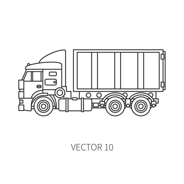 Line vector icon construction machinery truck container. Industrial style. Corporate cargo delivery. Commercial transportation. Building. Business. Engineering. Diesel power. Illustration for design. — Stock Vector