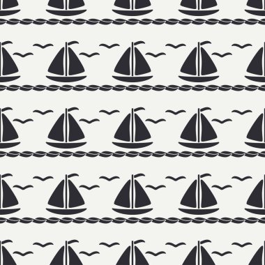 Düz çizgi tek renkli vektör seamless modeli okyanus tekne yelken ile. Basitleştirilmiş retro. Karikatür tarzı. Regatta. Martı. Yaz tatili. Yat. Sanat. Çizim ve tasarım duvar kağıdı için öğe.