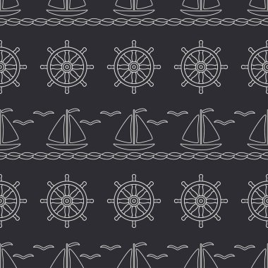 Düz çizgi tek renkli vektör seamless modeli okyanus tekne, yelkenli, direksiyon simidi. Çizgi film retro tarzı. Regatta. Martı. Yaz tatili. Yat. Sanat. Çizim ve tasarım duvar kağıdı için öğe.