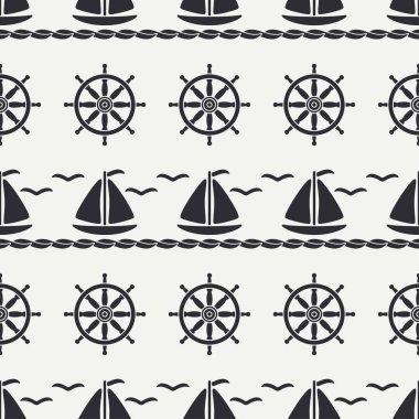 Düz çizgi tek renkli vektör seamless modeli okyanus tekne, yelkenli, direksiyon simidi. Çizgi film retro tarzı. Regatta. Martı. Yaz tatili. Yat. Sanat. Çizim ve tasarım duvar kağıdı için öğe.