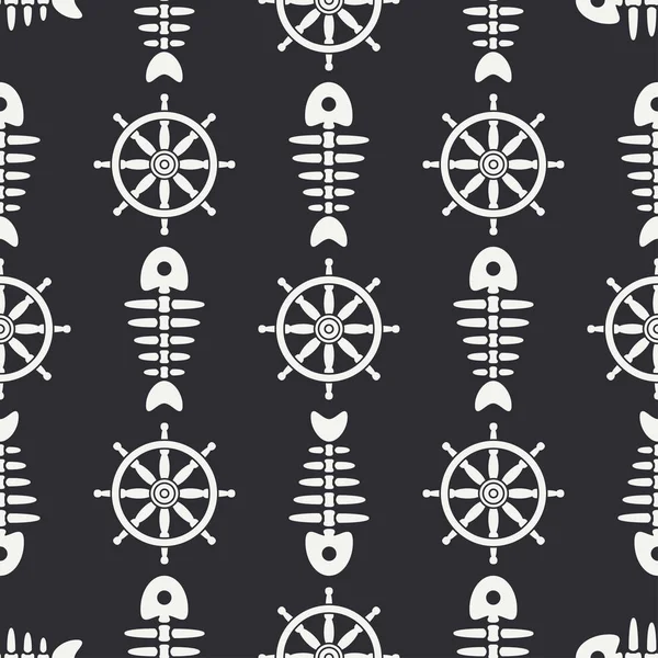 Düz çizgi tek renkli vektör seamless modeli Okyanus balık kemik, direksiyon simidi ile iskelet. Retro karikatür tarzı. Kafatası. Deniz doodle sanat. Arka plan. Çizim ve tasarım, duvar kağıdı için öğe