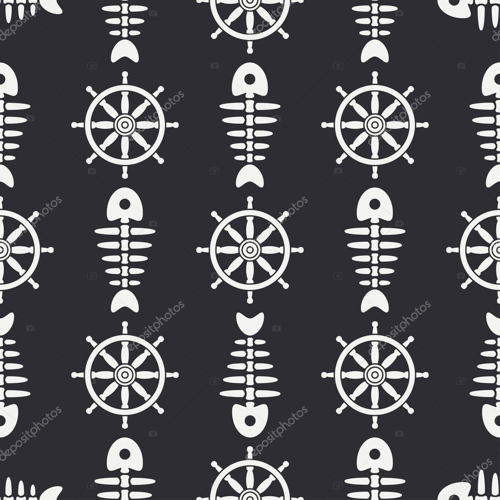 Flat line monochrome vector seamless pattern ocean fish bone, skeleton with steering wheel. Retro cartoon style. Skull. Sea doodle art. Background. Illustration and element for your design, wallpaper