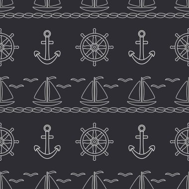 Düz çizgi tek renkli vektör seamless modeli okyanus tekne, yelkenli, direksiyon simidi, çapa. Çizgi film retro tarzı. Regatta. Martı. Yaz tatili. Yat. Çizim ve tasarım duvar kağıdı için öğe