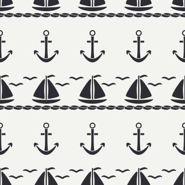 Düz çizgi tek renkli vektör seamless modeli okyanus tekne yelken, çapa. Çizgi film retro tarzı. Regatta. Martı. Yaz tatil yolculuk. Yat. Çizim ve tasarım duvar kağıdı için öğe.