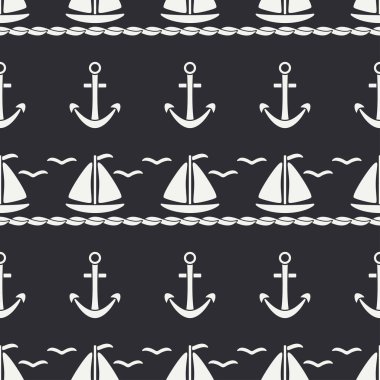Düz çizgi tek renkli vektör seamless modeli okyanus tekne yelken, çapa. Çizgi film retro tarzı. Regatta. Martı. Yaz tatil yolculuk. Yat. Çizim ve tasarım duvar kağıdı için öğe.