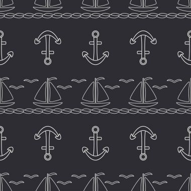 Düz çizgi tek renkli vektör seamless modeli okyanus tekne yelken, çapa. Çizgi film retro tarzı. Regatta. Martı. Yaz tatil yolculuk. Yat. Çizim ve tasarım duvar kağıdı için öğe.