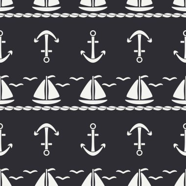 Düz çizgi tek renkli vektör seamless modeli okyanus tekne yelken, çapa. Çizgi film retro tarzı. Regatta. Martı. Yaz tatil yolculuk. Yat. Çizim ve tasarım duvar kağıdı için öğe.