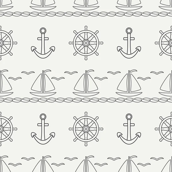 Línea plana monocromo vector sin costura patrón barco oceánico, vela, volante, ancla. Estilo retro de dibujos animados. Regata. Gaviota. Vacaciones de verano. Yate. Ilustración y elemento para su fondo de pantalla de diseño — Vector de stock