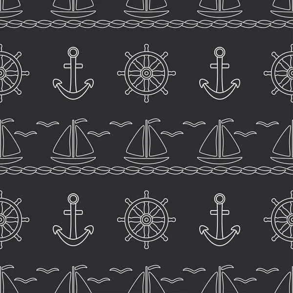 Flat line monochrome vector seamless pattern ocean boat, sail, steering wheel, anchor. Cartoon retro style. Regatta. Seagull. Summer vacation. Yacht. Illustration and element for your design wallpaper — Stock Vector