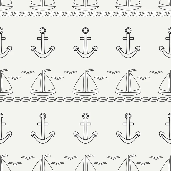 平线单色矢量无缝图案远洋船帆, 锚。卡通复古风格。赛.海鸥.暑假旅行。游艇.插图和元素的设计壁纸. — 图库矢量图片