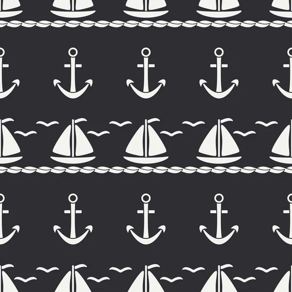 Platte lijn monochroom vector naadloze patroon oceaan boot met varen, anker. Cartoon retro stijl. Regatta. Zeemeeuw. Zomer vakantie reis. Yacht. Illustratie en element voor de achtergrond van uw ontwerp. — Stockvector