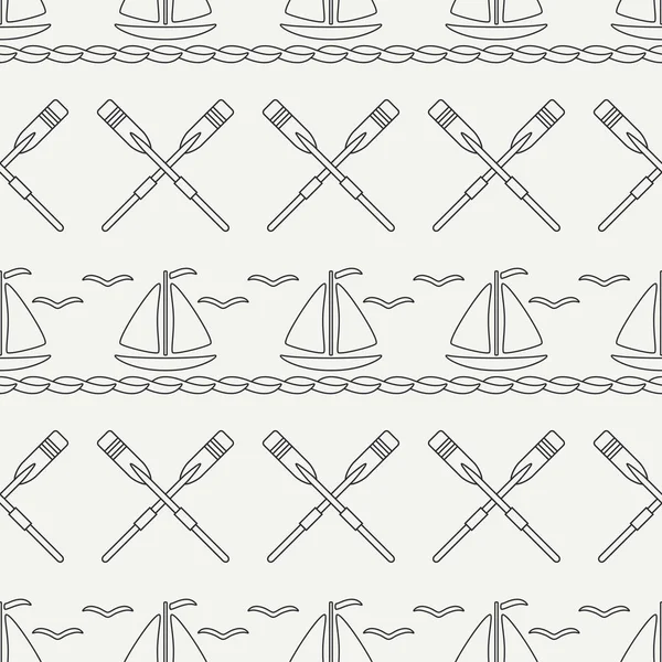 Flat line monochrome vector seamless pattern ocean boat with sail, paddle. Cartoon retro style. Regatta. Seagull. Summer vacation journey. Yacht. Illustration and element for your design wallpaper. — Stock Vector