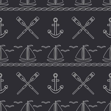 Düz çizgi tek renkli vektör seamless modeli okyanus tekne, yelken, kürek, çapa. Çizgi film retro tarzı. Regatta. Martı. Yaz tatil yolculuk. Yat. Çizim ve tasarım duvar kağıdı için öğe