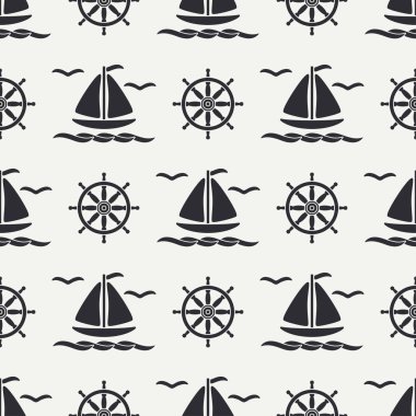 Düz çizgi tek renkli vektör seamless modeli okyanus tekne, yelkenli, direksiyon simidi. Çizgi film retro tarzı. Regatta. Martı. Yaz tatili. Yat. Sanat. Çizim ve tasarım duvar kağıdı için öğe.