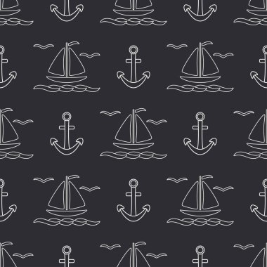Düz çizgi tek renkli vektör seamless modeli okyanus tekne yelken, çapa. Çizgi film retro tarzı. Regatta. Martı. Yaz tatil yolculuk. Yat. Çizim ve tasarım duvar kağıdı için öğe.